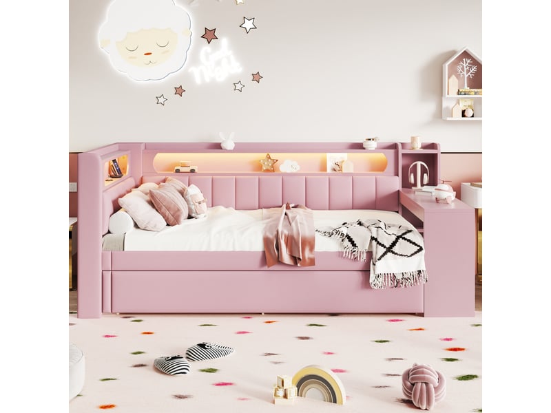  Lit gigogne rembourré 90x200cm coloris rose mdf led lit enfant rose - Conforama D