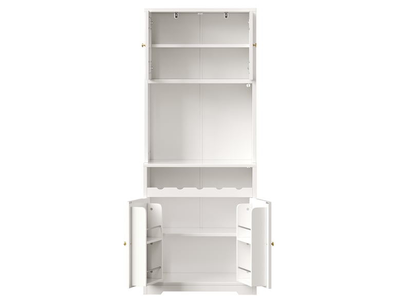  Lot de 2 buffets hauts, coloris blanc, 140 × 38,3 × 180 cm, mdf, métal et verre, portes vitrées cintrées, porte-bouteilles  - Conforama A