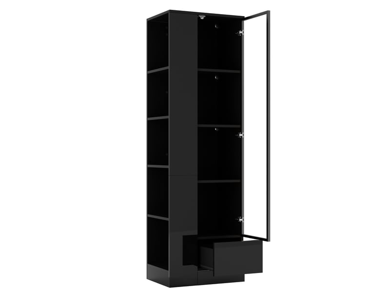  Vitrine avec porte vitrée 50x35x160 cm – noir – led réglable, tiroir, étagères ouvertes, finition brillante  - Conforama D
