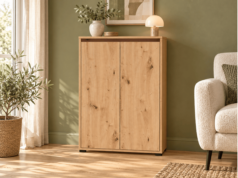  Armoire à chaussures 2 portes avec étagères coloris chêne artisan - longueur 70 x profondeur 34 x hauteur 108,3 cm  - Conforama B