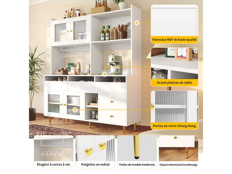  Meuble de cuisine muvano avec portes en verre strié, blanc, 145 × 39 × 171 cm  - Conforama E