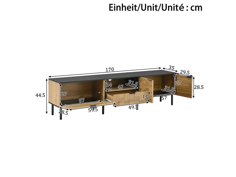 Meuble tv 170x35x44,5 cm, 2 portes, 1 tiroir, passe-câbles, façades texturées, pieds métal, grand rangement pour salon - naturel  - Conforama C