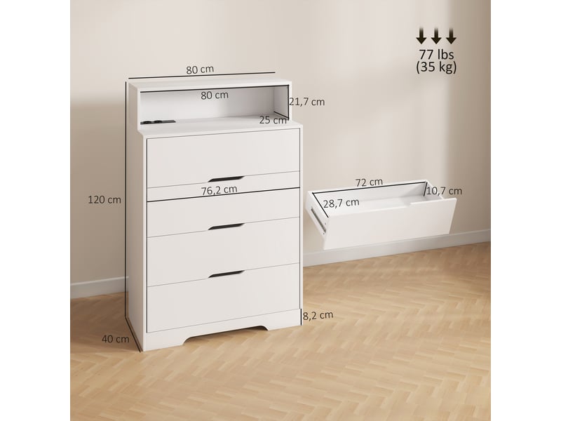  Commode 4 tiroirs avec station de charge, port usb, port usb-c, étagère ouverte, 80 x 40 x 120 cm, blanche  - Conforama E