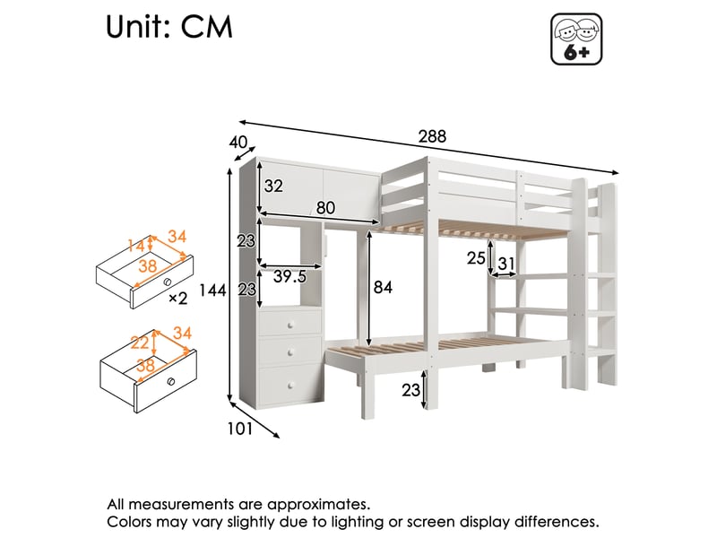  Lit superposé 90x200 cm avec veilleuse intelligente et rangement intégré, bois et métal, couleur blanc, sans matelas  - Conforama C