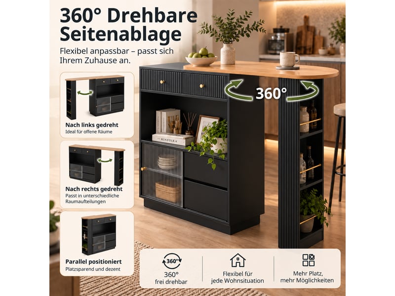  Îlot de cuisine - 120x30x100 cm - plateau extensible - tiroirs - portes de rangement - éclairage led - étagères en verre - noir CozyNest - Conforama E