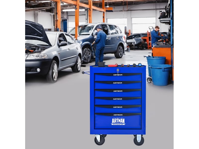 Armoire à outils mobile 60 x 33 x 77,5 cm noir et bleu, acier, 6 tiroirs avec serrure à clé et roulettes freinées - Conforama B