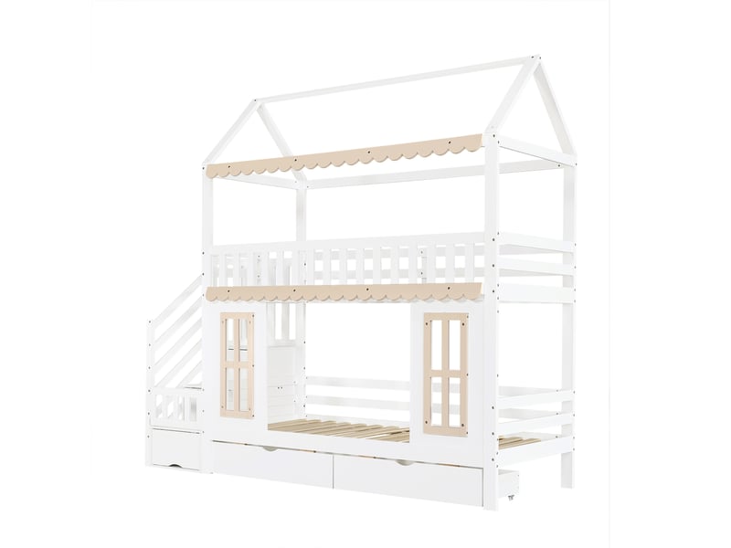  Lit superposé enfants 90x200 cm avec sommier à lattes, rangement tiroirs et escalier  - Conforama W