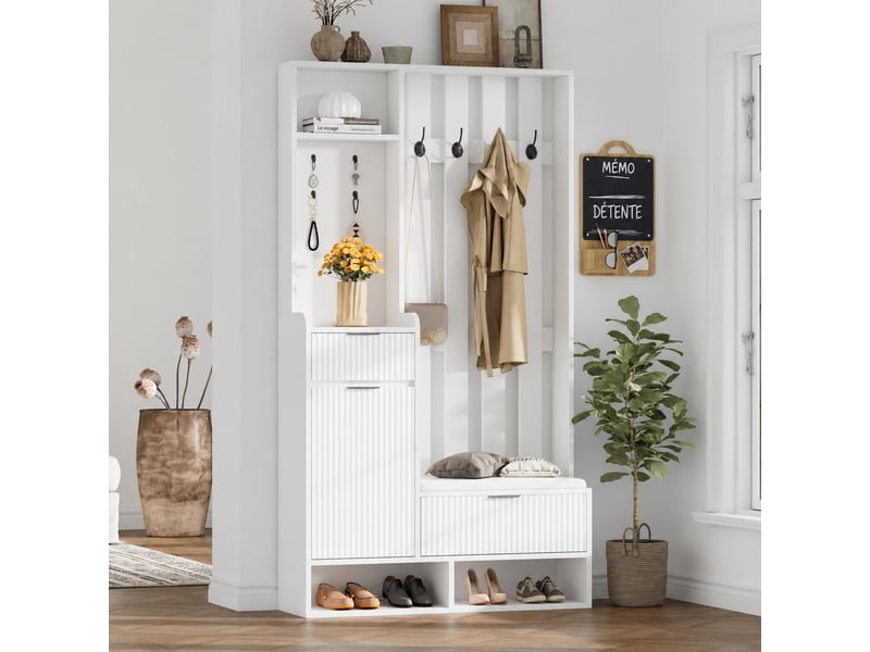  Vestiaire d’entrée 6 en 1 avec banc, porte-manteau 8 crochets, rangement 100 x 30 x 180 cm, blanc  - Conforama C