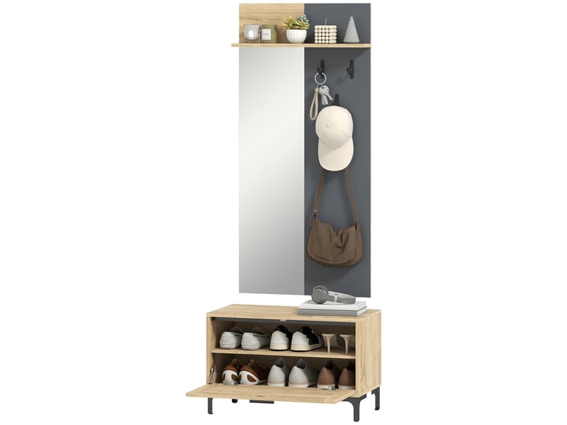  Ensemble d'entrée comprenant un banc à chaussures, un miroir, 3 crochets, une étagère ouverte et des meubles de couloir en bois naturel et gris.  - Conforama B