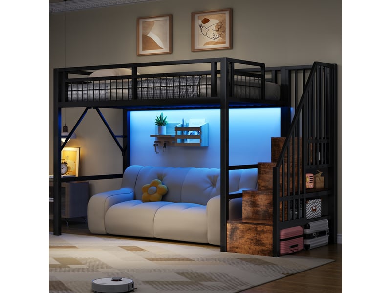 Lit mezzanine 90x200 cm avec led, escalier avec rangement, espace sous le lit aménageable, cadre métallique et mdf, noir Radiant Stride - Conforama B