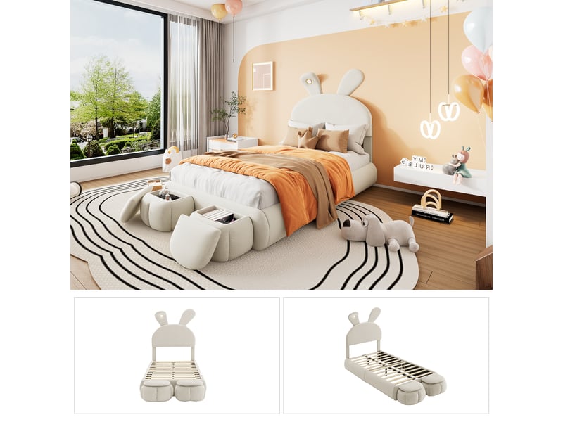 Lit simple enfant 200×90 cm avec oreilles de lapin, led réglable et 2 poufs de rangement, sans matelas, en velours beige  - Conforama E