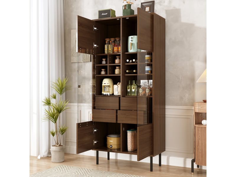 Meuble vitrine 75,5x35x164,5 cm avec porte en verre, tiroirs cachés, tablettes et pieds métal 16,6 cm, mdf, marron - Conforama B