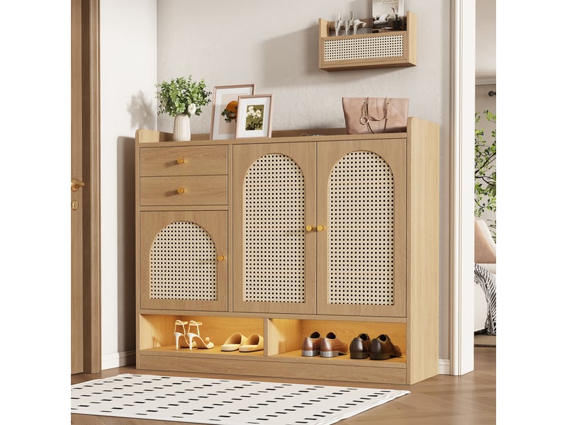  Meuble à chaussures en bois 120x35x100 cm meuble de rangement avec led 3 portes en rotin 2 tiroirs pour salon entrée, naturel  - Conforama R