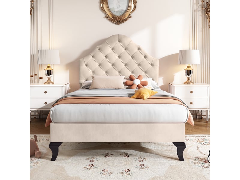 Lit enfant 90x200 cm avec sommier à lattes et tête de lit réglable en hauteur, lit simple, sommier à lattes en bois, montage facile, velours, beige - Conforama E