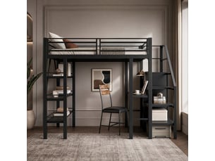 Lit mezzanine 140x200 cm noir en métal, avec bureau, armoire et étagères, échelle réversible