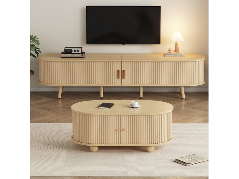  Meuble tv tcqpz avec table basse assortie 170 x 40 x 42 cm mdf bois clair 2 tiroirs 2 portes coulissantes rangement  - Conforama C