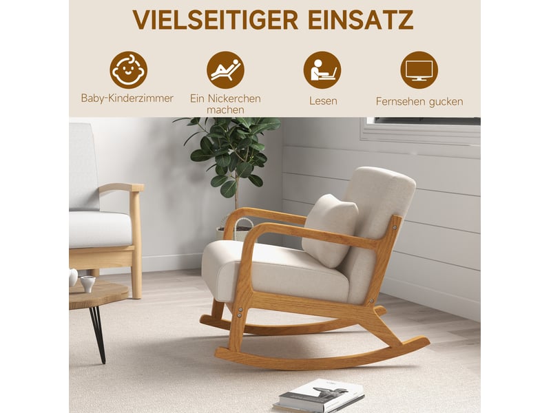  Rocking-chair rembourré avec fonction bascule, coussin lombaire amovible et accoudoirs, en bois crème  - Conforama C