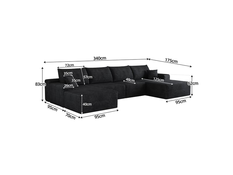  Canapé d’angle 5 places 340 cm avec méridienne, velours côtelé noir et mousse  - Conforama C