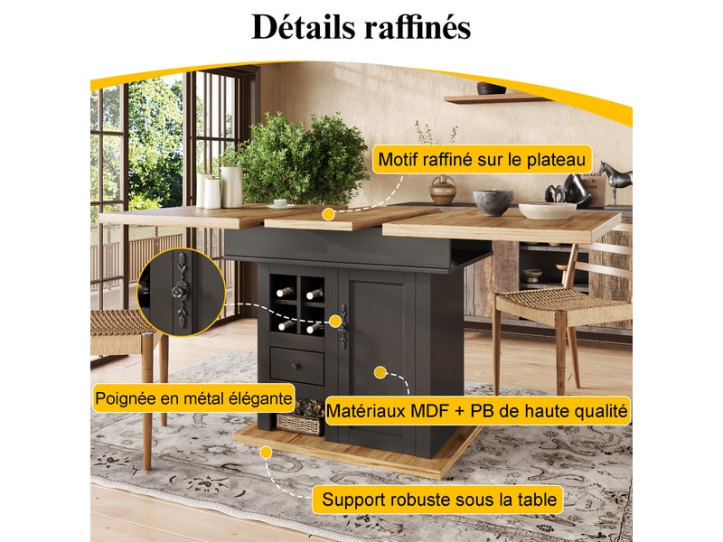  Table extensible avec rangement et portes à fermeture douce 110-140×80×75 cm noir et naturel  - Conforama C