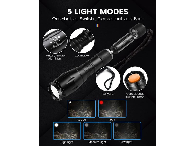 Ensemble lampe torche led haute puissance, lampe torche led rechargeable 2000 lumens, lampe torche tactique 5 modes avec batterie 18650 - Conforama E