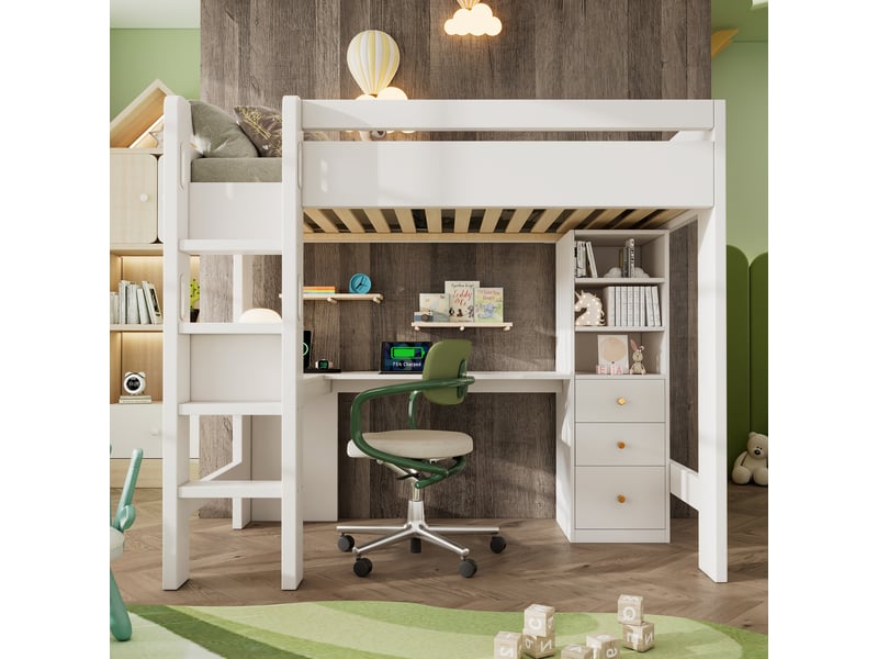 Lit mezzanine enfant 90x200 cm, tiroirs, table l, étagères, usb type-c, sommier, bois blanc, sans matelas - Conforama B