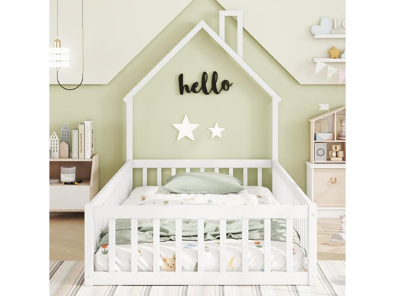  Lit enfant 90x200cm, lit cabane bois forme cheminée, barrières sécurité, sommier lattes, blanc  - Conforama E