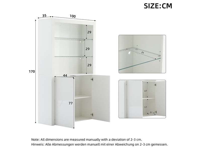  Vitrine avec led réglable, 2 portes et étagères en verre trempé, rangement pour salon, mdf blanc 100 × 35 × 170 cm  - Conforama E