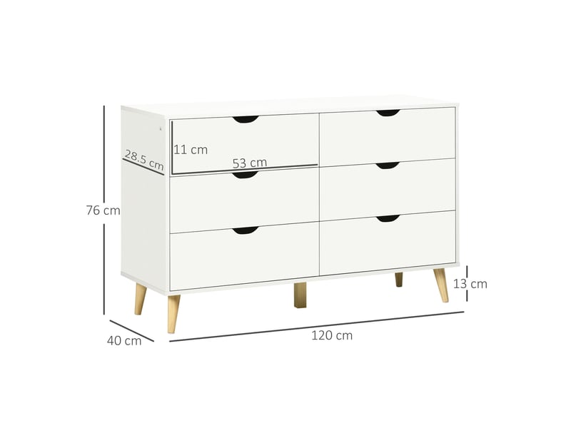 Commode à 6 tiroirs avec poignées stratifiées, en pin, 120 x 40 x 76 cm, coloris blanc et bois.  - Conforama E