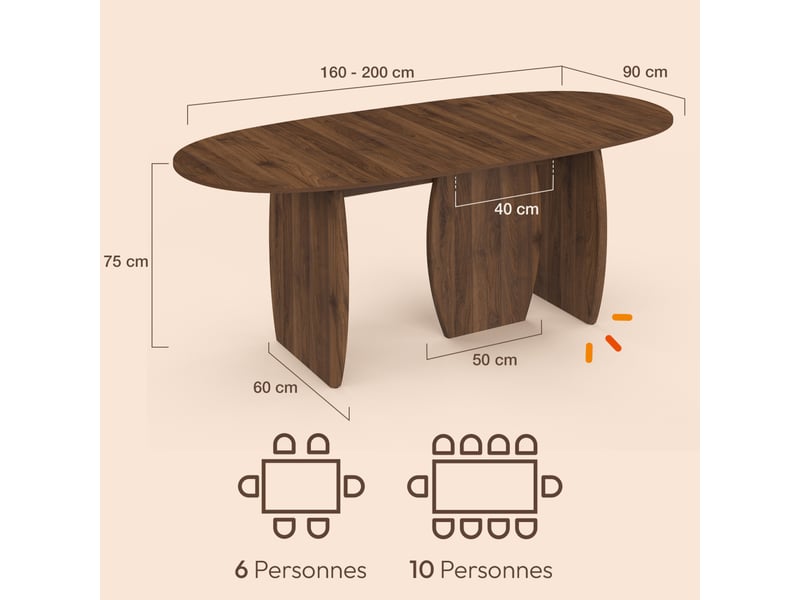  Table à manger extensible japandi ovale marilou 6-10 personnes 3 pieds noyer 160-200 cm  - Conforama D