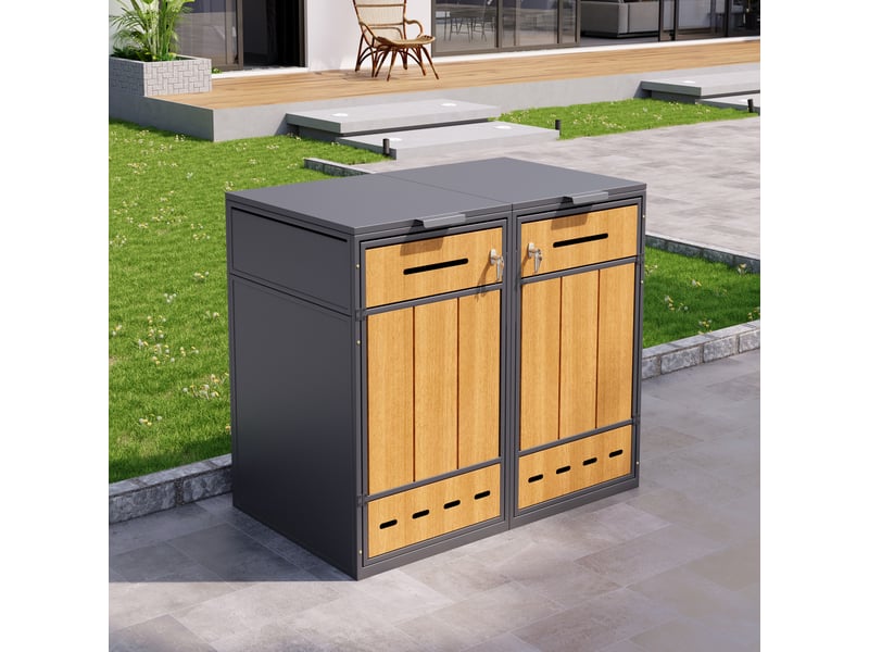  Meuble rangement extérieur double bac 2 compartiments acier gris bois aéré homvra  - Conforama C