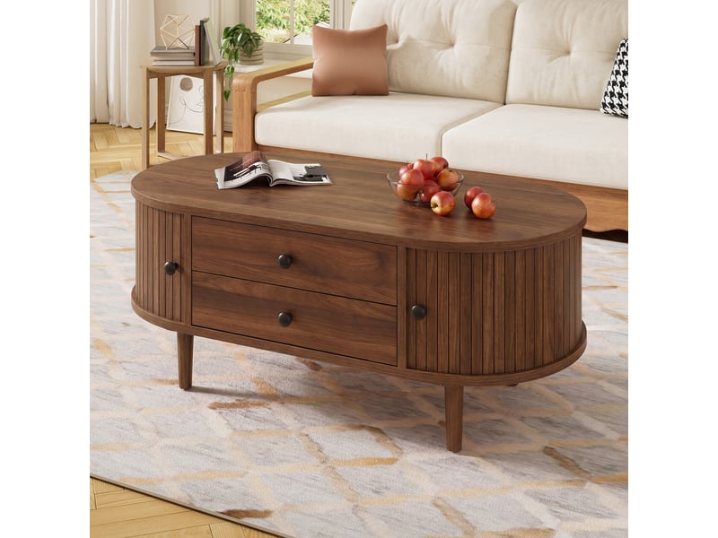 Table basse 100x50x40 cm, 2 tiroirs, grand rangement, porte coulissante, style vintage, structure mdf pour salon et séjour - noyer  - Conforama B