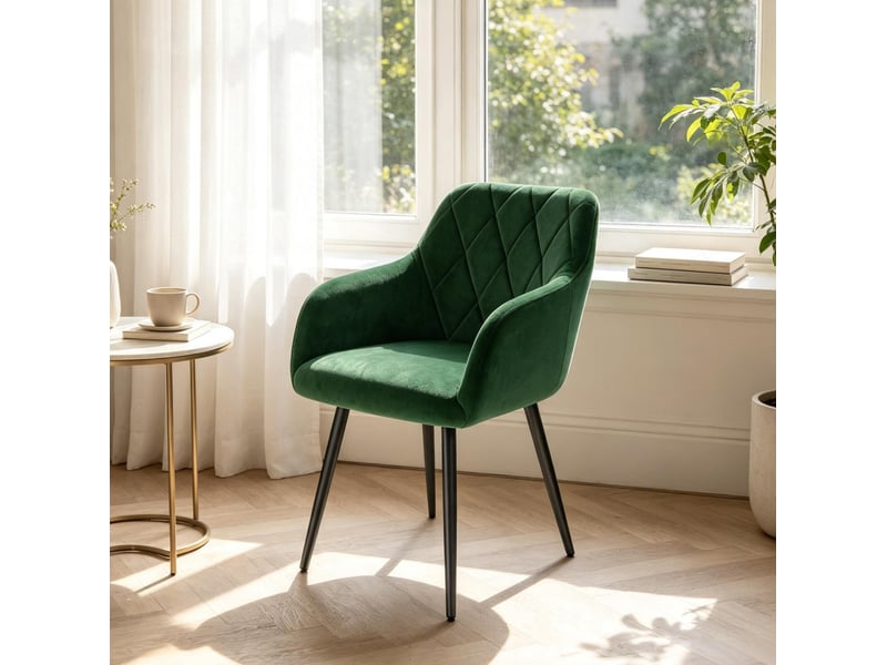  Chaise de salle à manger avec accoudoirs, assise rembourrée et dossier, pieds en métal, velours vert foncé  - Conforama C