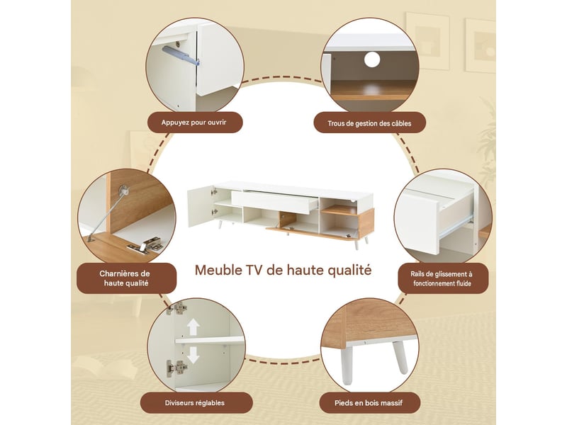  Meuble tv avec rangements en panneau de particules blanc et bois 180x38x50 cm - pangivo  - Conforama E