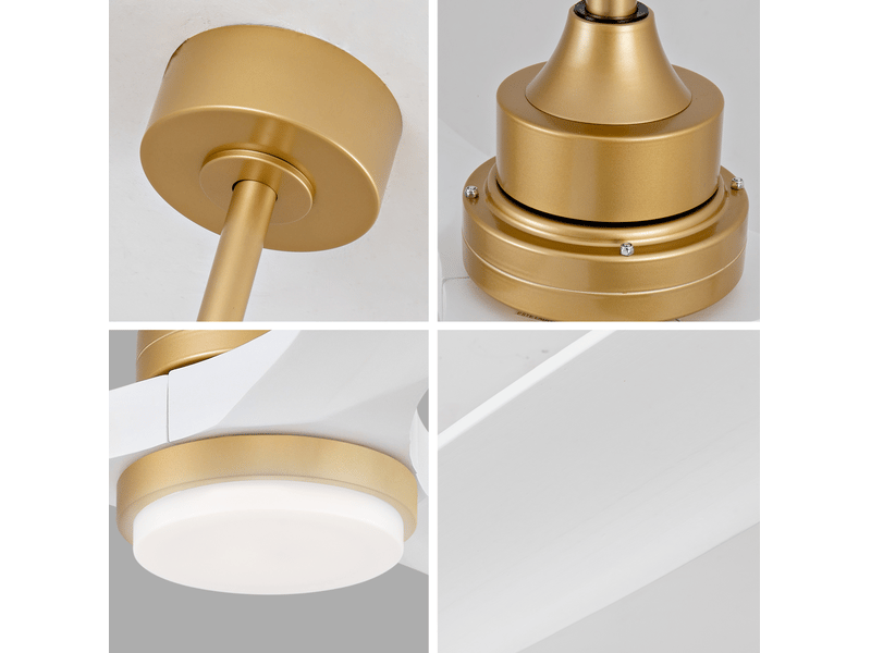  Ventilateur de plafond 52 pouces avec lumière, télécommande, moteur dc silencieux, bois massif, or et blanc  - Conforama R
