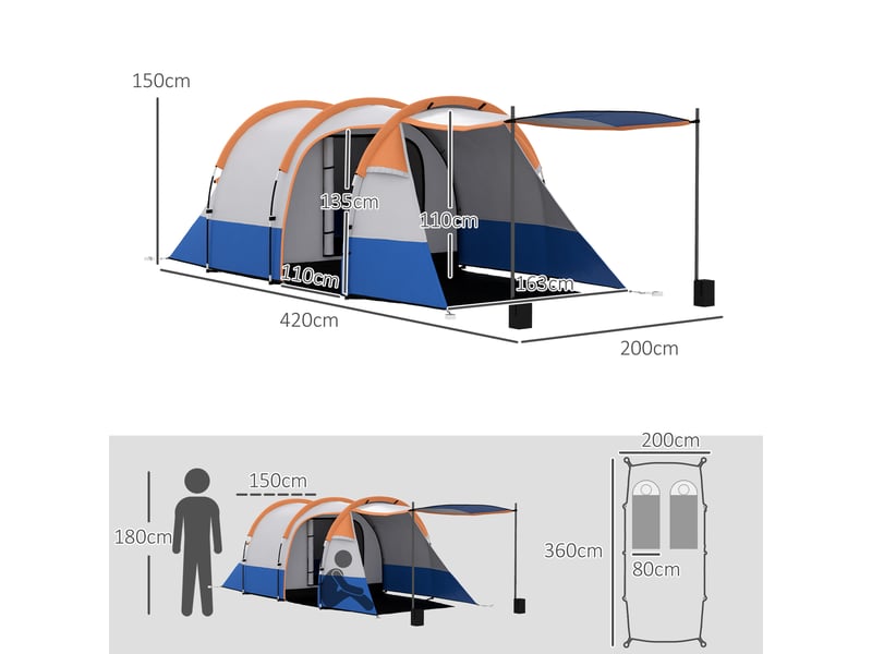  Tente de camping pour 2 personnes, crochet pour lanterne, trois entrées, imperméable, orange  - Conforama E
