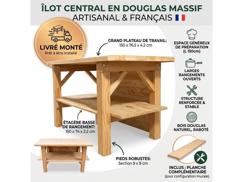  Îlot central de cuisine en douglas massif 150 cm livré monté  - Conforama B