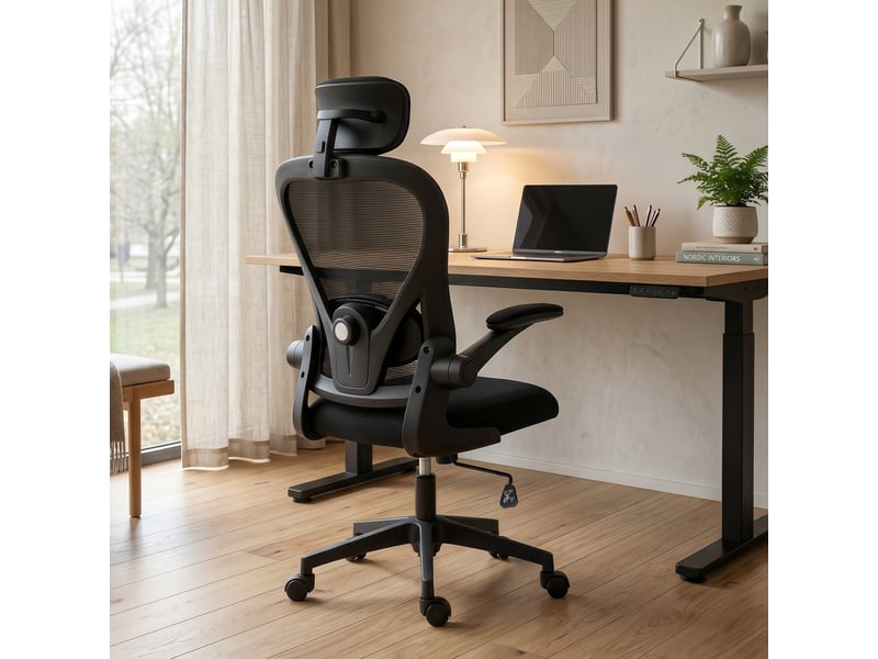  Chaise de bureau ergonomique avec accoudoirs relevables et soutien lombaire réglable, noire  - Conforama D