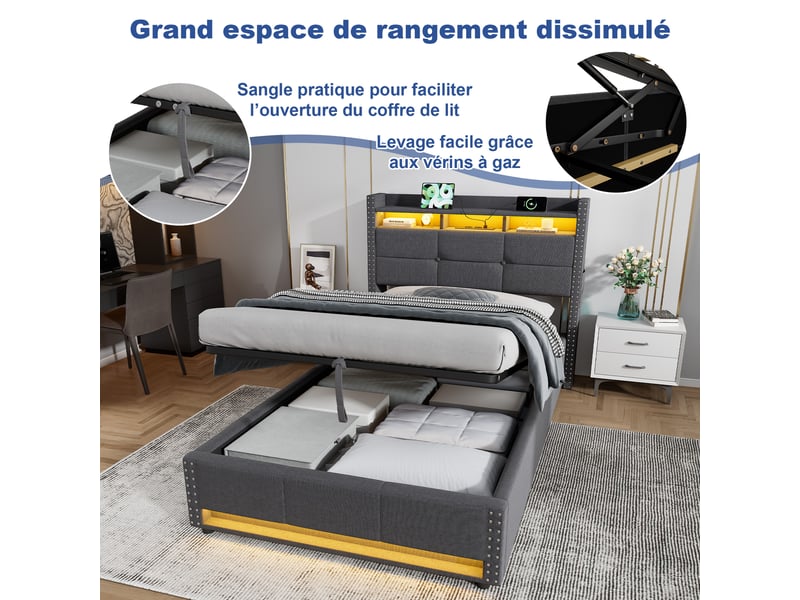  Lit avec rangement simple 90 x 200 cm en tissu de lin, led réglable, usb et prises, sans matelas, gris foncé  - Conforama E