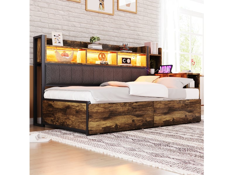  Lit multifonction 90 x 200 cm avec bureau coulissant, rangements, prises et led  - Conforama E