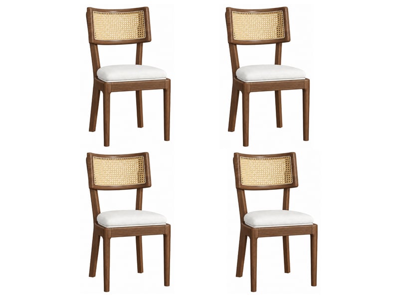 Lot de 4 chaises de salle à manger à dossier en rotin, bois et lin, noyer et beige  - Conforama A