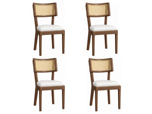 Lot de 4 chaises de salle à manger à dossier en rotin, bois et lin, noyer et beige
