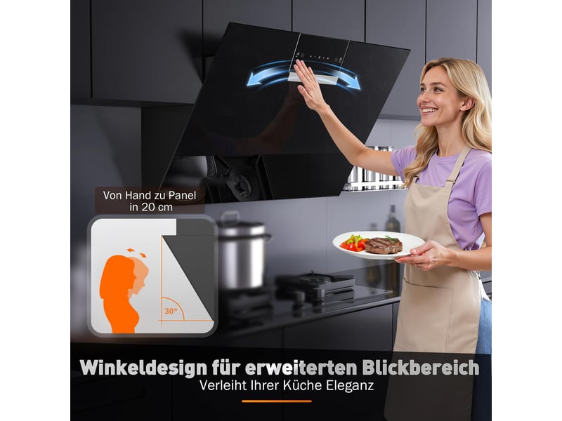 Hotte aspirante 90 cm noire en verre trempé, débit d’air 800 m³h, commande tactile et gestuelle, 3 vitesses avec booster - Conforama R