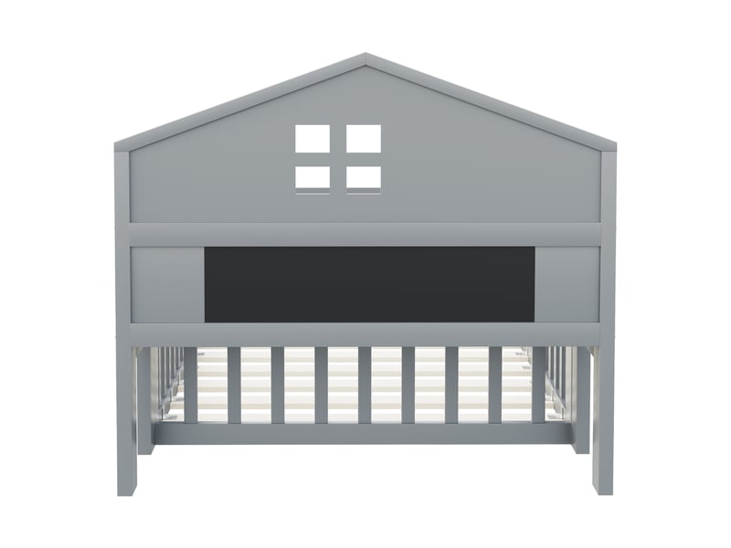 Lit cabane 90x200 avec barrière et porte, lit enfant bois massif gris avec rangements et tableau noir, sommier inclus - Conforama D
