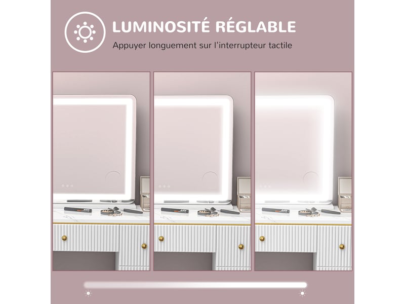  Miroir lumineux led intensité 3 modes d'éclairage, grossissement 10x, touche tactile - 80 x 62 cm,  port de charge usb  - Conforama R