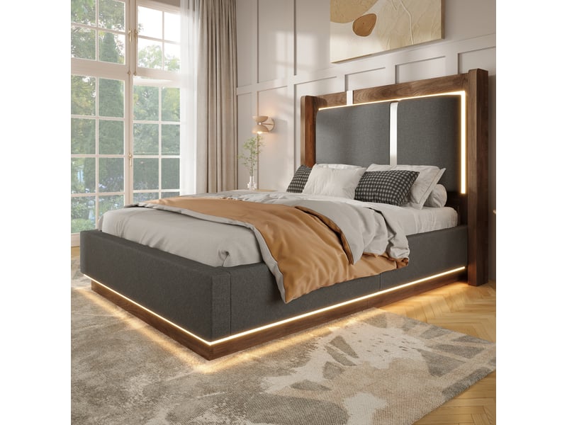 Lit coffre 90x200 cm avec sommier relevable hydraulique, sans matelas, gris et noyer - Conforama B