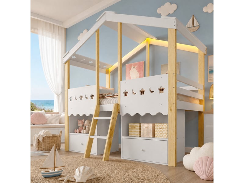  Lit mi-hauteur enfant 90x200 cm maison avec led, 2 tiroirs, blanc et naturel  - Conforama B