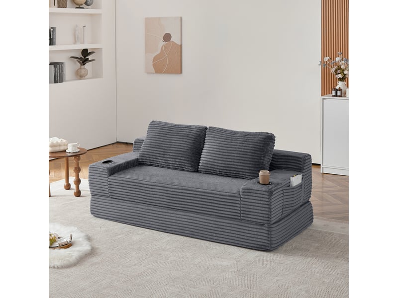  Canapé droit convertible 2 places en velours côtelé gris avec porte-gobelets et rangements latéraux pratiques  - Conforama B