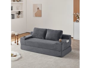 Canapé droit convertible 2 places en velours côtelé gris avec porte-gobelets et rangements latéraux pratiques