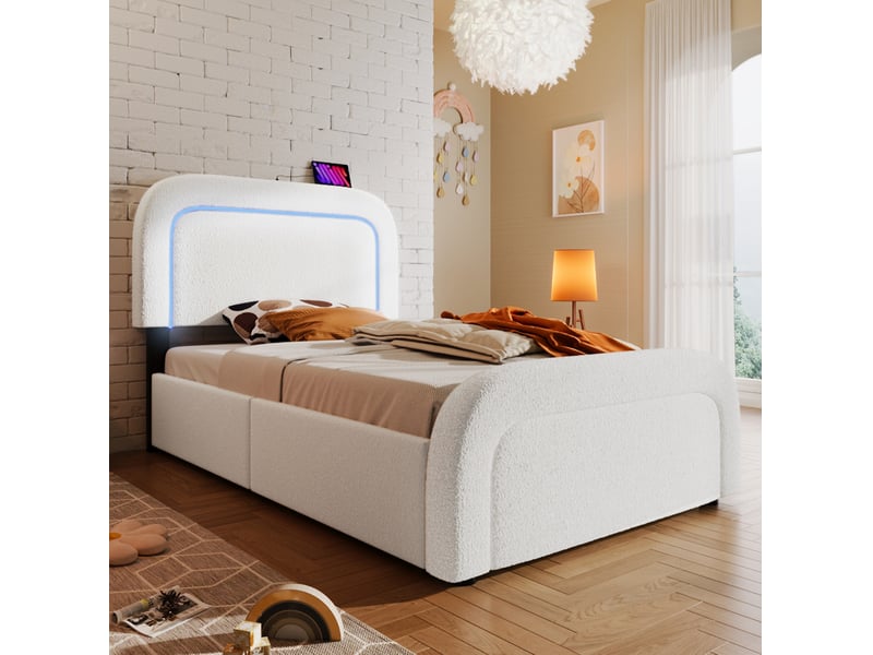 Lit enfant 90x200 cm – blanc – usb-c, led, 2 tiroirs, tête de lit réglable, sommier en bois, avec matelas h3 - Conforama B