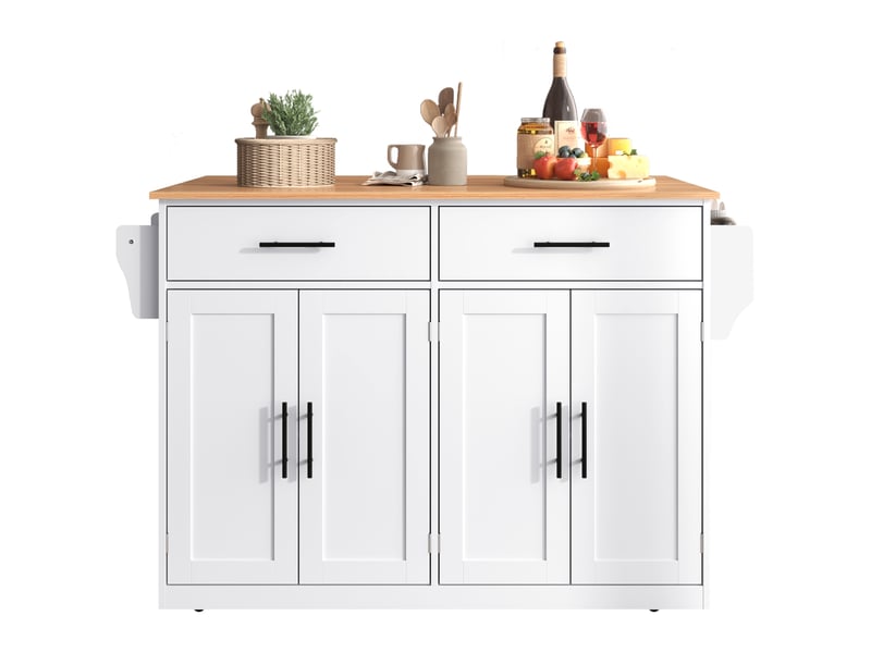 Îlot de cuisine 136x46-71x91,5 cm, desserte extensible avec pieds interchangeables, tiroirs et portes, mdf, naturel et blanc - Conforama A